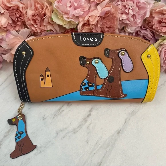Silly Cartoon Dog Brown Vegan Leather Clutch Wallet - Picture 3 of 15